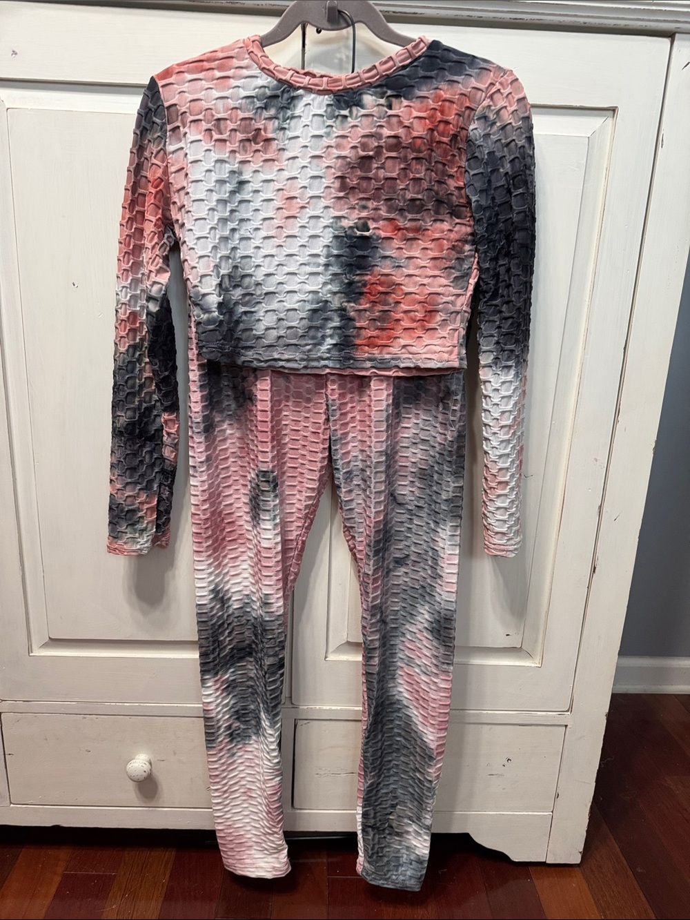 Tie-Dye Textured Leggings Set - Pink, Gray & White